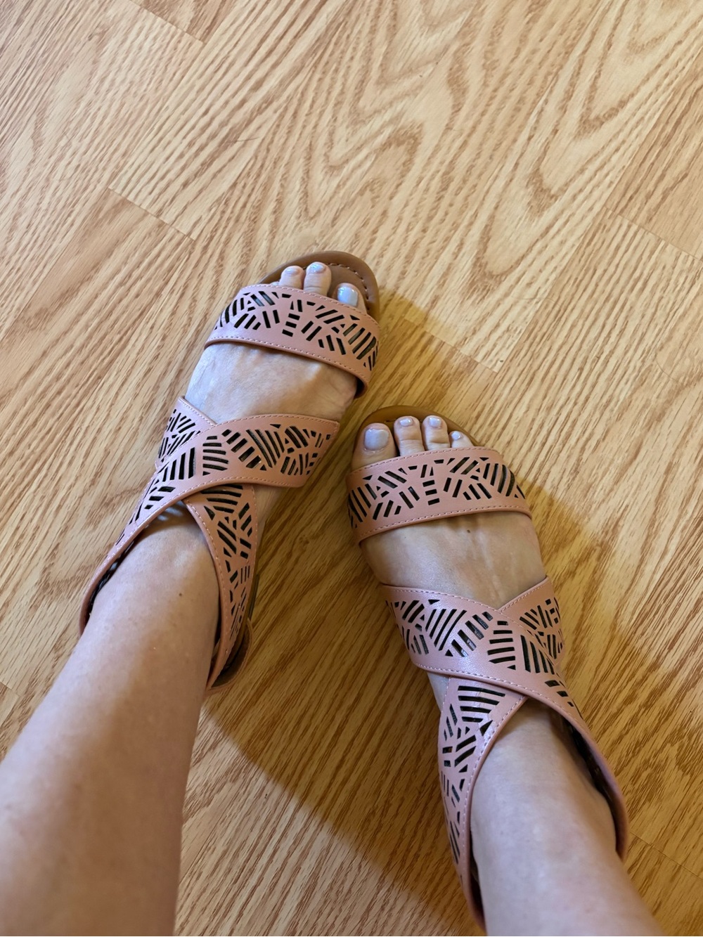 Breckelles Blush Pink Laser-Cut Cross Strap Sandals